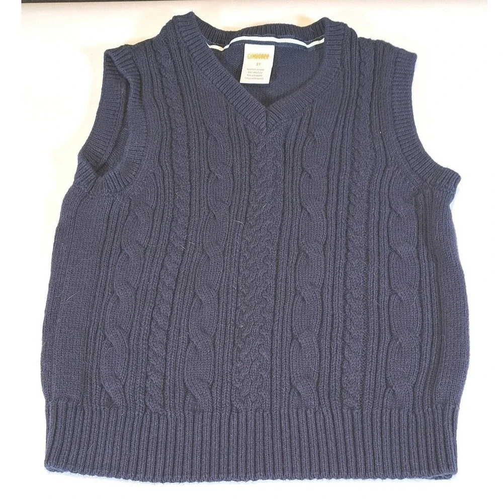 Gymboree‎ Boys Navy Blue Cable Knit Sweater Vest 100% Cotton V-Neck Size 3T